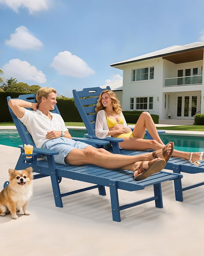 Carauci Lounge Chair Outdoor, HDPE Chaise Lounge with Wheels, 5-Position Adjustable Backrest & 2 Cup Holders Patio Lounge Chair, All-Weather Pool Sun Lounger for Poolside, Backyard, Blue