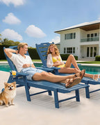 Carauci Lounge Chair Outdoor, HDPE Chaise Lounge with Wheels, 5-Position Adjustable Backrest & 2 Cup Holders Patio Lounge Chair, All-Weather Pool Sun Lounger for Poolside, Backyard, Blue