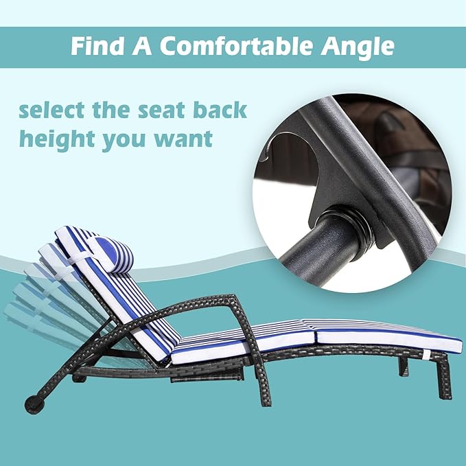 Chaise Lounge Chairs Outdoor Set of 2, Comfy Outside Wicker Patio Pool Lounge Chair w/ 5 Adjustable Back Angle, Cup Holder, Thicken Cushion