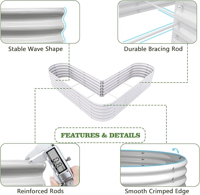 A ANLEOLIFE Set of 6, 18 Inch Tall Antique White Raised Garden Beds Kit, Heart-Shaped & Long Oval Planters for Custom Decorative Gardens.