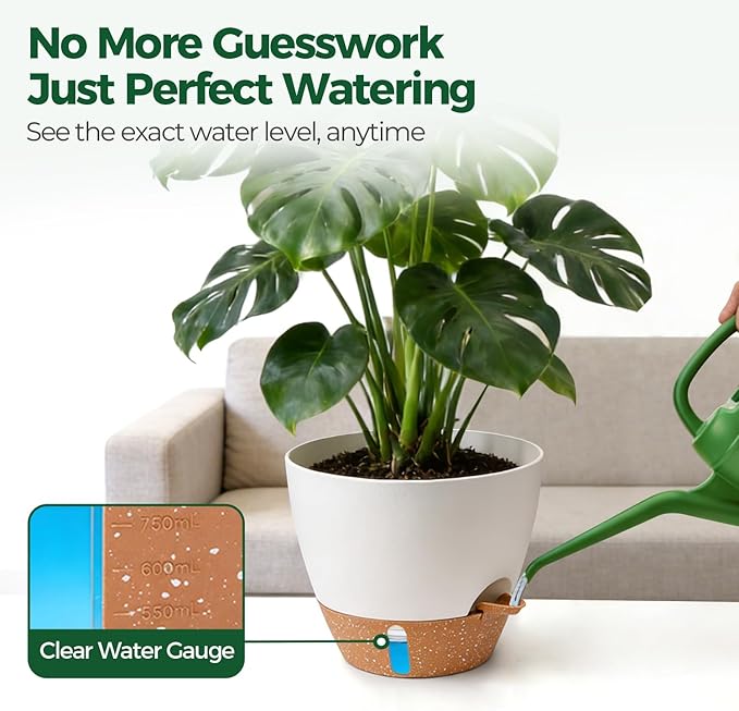 T4U 5 Pack Self Watering Pots (6"+8"+9"+10"+12") - Water Level Indicator & Deep Reservoir, Mess-Free Planters for Busy People, Beginners & Gardeners, Fit Most Plants, Indoor Outdoor Use (White)