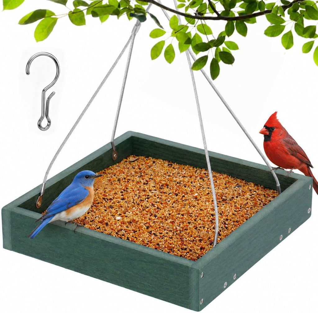 Gtongoko WPC Composite Platform Bird Feeder Hanging, Large 3.5 lbs Capacity, Durable, Seed Tray Bird Feeder for Outdoors with Metal Mesh Bottom Weather-Resistant for Garden Yard, Green