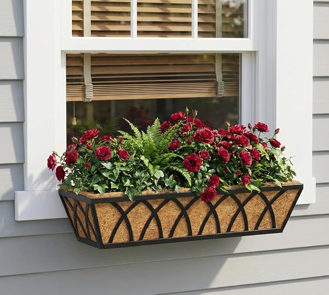 Y&M 24 Inch Window Deck with Coco Liner, Fence Metal Hanging Flower Planter Window Basket Deck Railing Planter Boxes for Outdoor Garden Lawn,6pcs