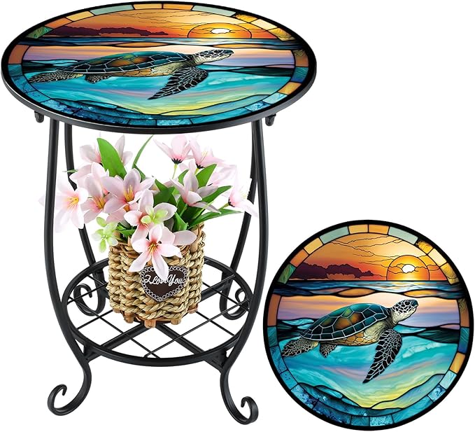 Outdoor Side Table Round Small Mosaic Patio Accent Indoor End Plant Coffee Tea Table for Yard Patio Porch Garden Living Room, Bedroom(Turtle Style,16 Inch)