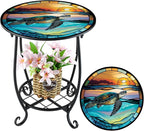 Outdoor Side Table Round Small Mosaic Patio Accent Indoor End Plant Coffee Tea Table for Yard Patio Porch Garden Living Room, Bedroom(Turtle Style,16 Inch)