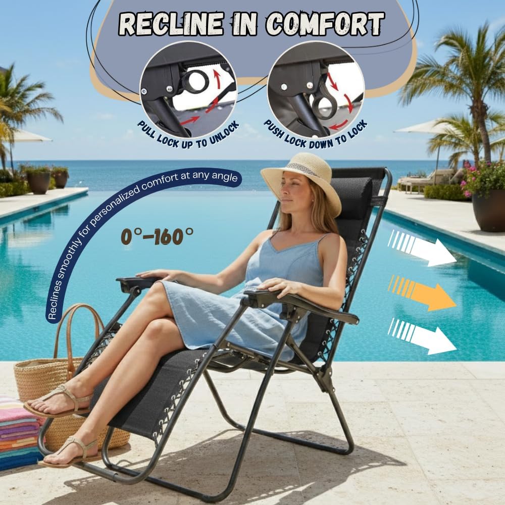 EZONE (Set of 2 Zero Gravity Lounge Chairs Outdoor Adjustable Reclining Patio Chair Steel Mesh Folding Recliner for Pool Beach Camping Lounge Chair with Pillows and Cup Tray (2, Black)