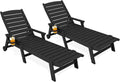HDPE Lounge Chair Outdoor Set of 2, All Weather Pool Lounger | 5 Position Adjustable Backrest Patio Chaise Lounge with Cup Holder for Outside, Black