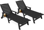 HDPE Lounge Chair Outdoor Set of 2, All Weather Pool Lounger | 5 Position Adjustable Backrest Patio Chaise Lounge with Cup Holder for Outside, Black