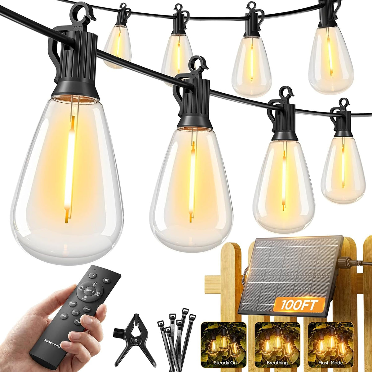 minetom 100ft solar string lights outdoor waterproof, s14, main product view