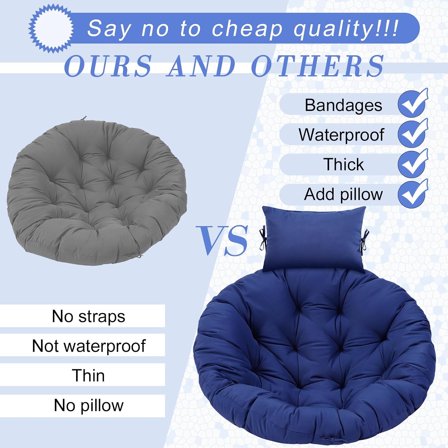 Tudomro Navy Blue Egg Chair Cushion Hanging Basket Chair Replacement 45x45 Hammock Basket Swing Waterproof Cushion Hanging Swing Pads with Headrest for Indoor Outdoor Porch Backyard Patio Garden