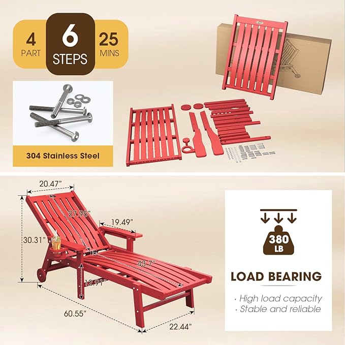 Patio Chaise Lounge Chair Set of 2, Oversized Lounge Chair Outdoor with 5 Positions, HDPE, Patio Lounge Chair with Wheels & Cup Holder for Pool, Deck, Poolside,Red