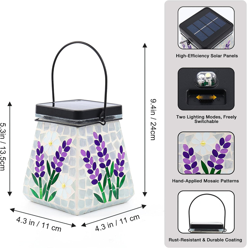 SAVENNA Mosaic Solar Lantern,Handcrafted Glass Outdoor Hanging or Table Lantern,600mAh Long Lasting Garden Light for Patio, Yard & Outdoor Decor– Lavender Pattern