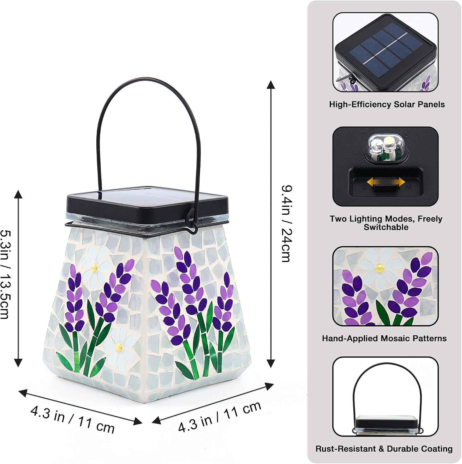 SAVENNA Mosaic Solar Lantern,Handcrafted Glass Outdoor Hanging or Table Lantern,600mAh Long Lasting Garden Light for Patio, Yard & Outdoor Decor– Lavender Pattern
