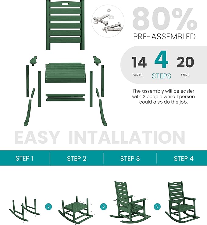 SERWALL Outdoor Rocking Chair Set of 2, Oversized Rocking Chair with Footboard for Adults, HDPE All Weather Resistant Rocking Chairs for Patio, 350lbs Weight Capacity,Green