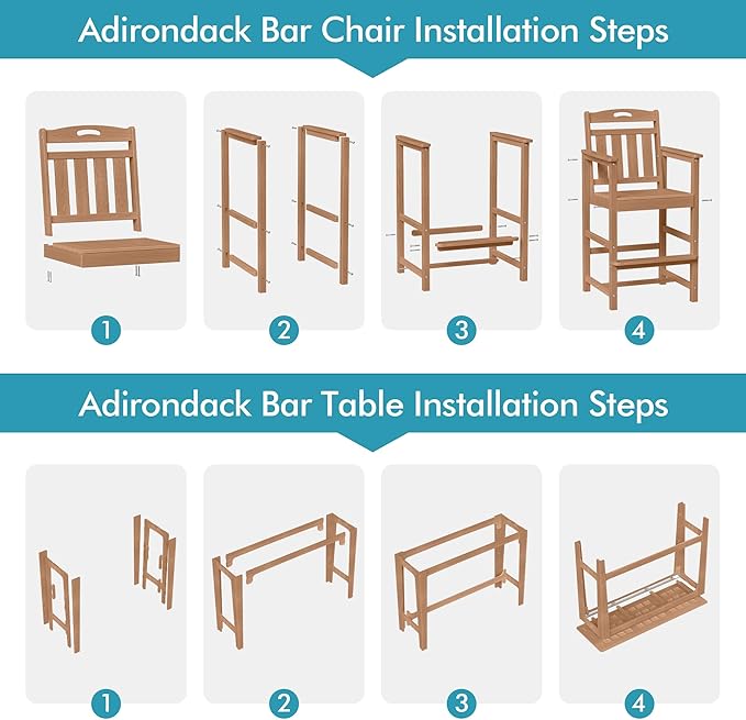 Ciokea Outdoor Bar Height Table Set of 5, 60" Extra Long Rectangle High Top Table and 4 Oversized Adirondack Chairs Set, Heavy-Duty All-Weather HDPE Patio Bar Set for Backyard Balcony Deck, Teak