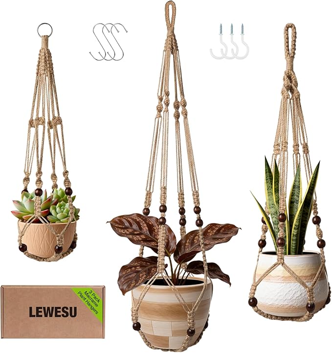 3 Pack Jute Macrame Plant Hanger Indoor 3 Different Sizes Hanging Planter Basket Flower Pot Holder with Wood Beads & No Tassels for Boho Home Decor, 23, 30, 35 Inch, Brown (Pot Not Included)