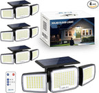 Solar Security Light Outdoor Super Bright LED, Motion Sensor Flood Light, 3 Heads 270° Wide Angle,Remote Control, IP65 Waterproof, 3 Modes (4 Packs)