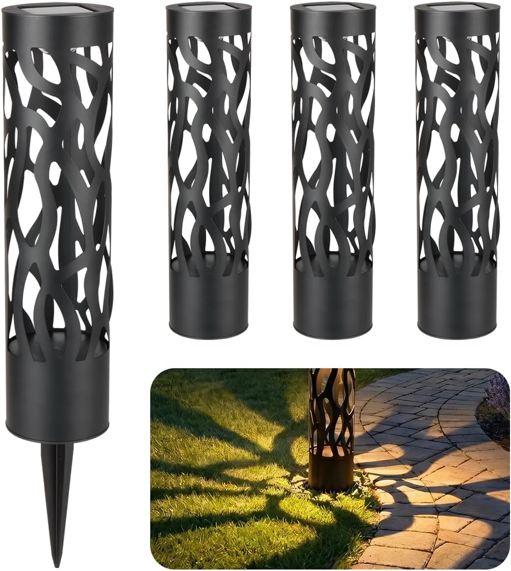 Home Zone Living Secure Solar Bollard Pathway Lights, 4-Pack, Black, 4"x16" | Light Effect, Dusk-to-Dawn, Metal, Warm LED, 4" x16", Outdoor, Garden, Yard, Patio, Walkway, Driveway, Backyard, Porch