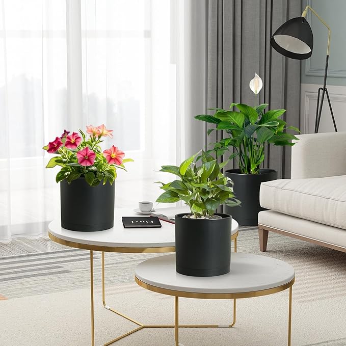 12/10/8 inch Large Deep Plant Pots, 3 Pack Tall Cylinder Flower Pots for Outdoor Indoor Plants, Plastic Planters with Drainage Holes and Saucers for Garden Porch House Plants, Black