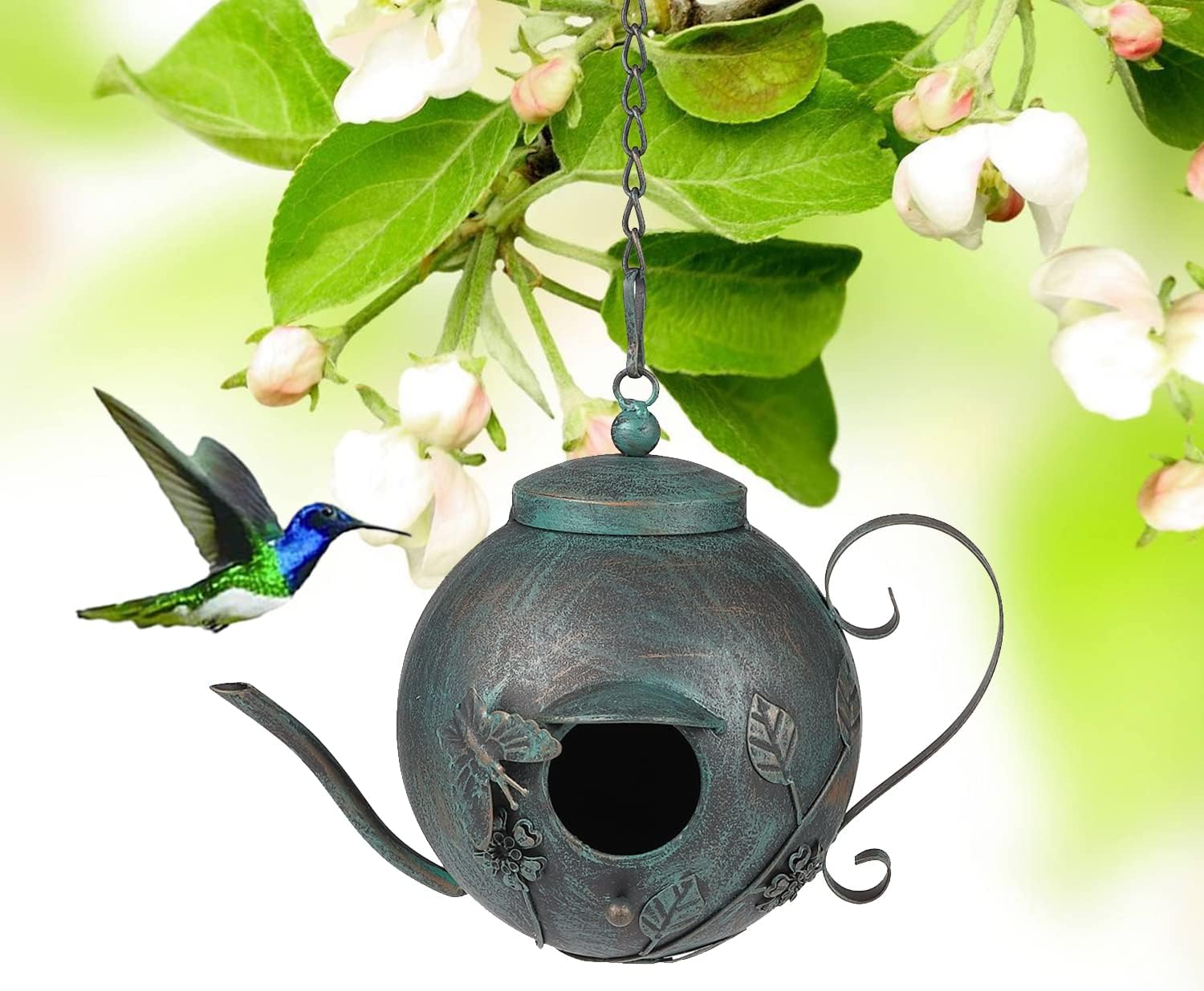 Bird Houses for Outside, Outdoor Bird House, Teapot Shaped Hanging Bird House, Antique Metal Bird House, Decorative Bird Houses, Unique Humming Bird Houses for Garden Patio Yard Lawn Backyard Decor