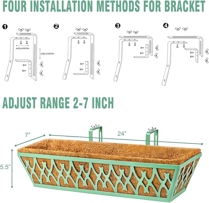 6 Pack 24 Inch Window Boxes Planters Railing Planter Box with Adjustable Brackets for Porch Fence Patio Balcony Hanging Flower Baskets with Coco Liners for Outdoor Garden Decor - Green