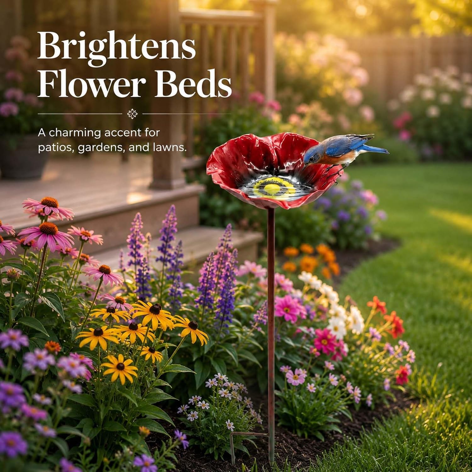 Flower Bird Bath and Feeder, 24.8-Inch Outdoor Metal Stake (Rose red) | Flower-shaped bowl holds water or seed; 3-section metal stake installs tool-free with a stable H-style ground base.