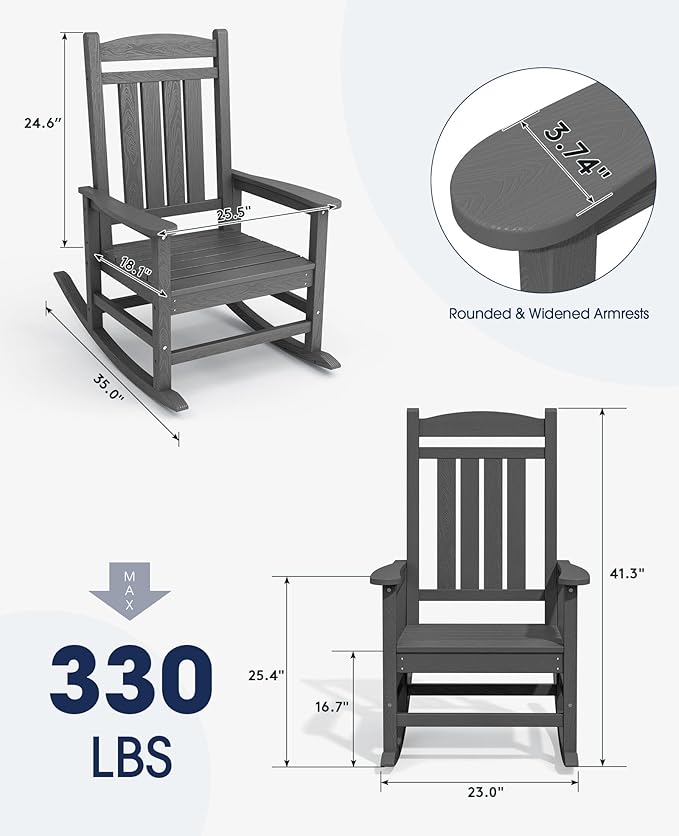 KINGYES HDPE Patio Rocking Chair Set of 4, Outdoor Rocking Chairs Porch Rocker for Adults, Grey