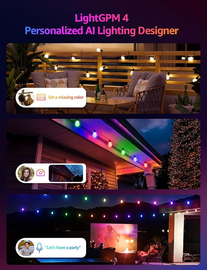 Lepro ZB1 AI Smart Outdoor String Lights APP Control, 100(88+12) ft RGB+IC+Warm White Outdoor Light 30 LED Bulbs, NOT Extendable, Alexa Google Enabled, Music Sync, NO Remote, 2.4 GHz WiFi+Bluetooth
