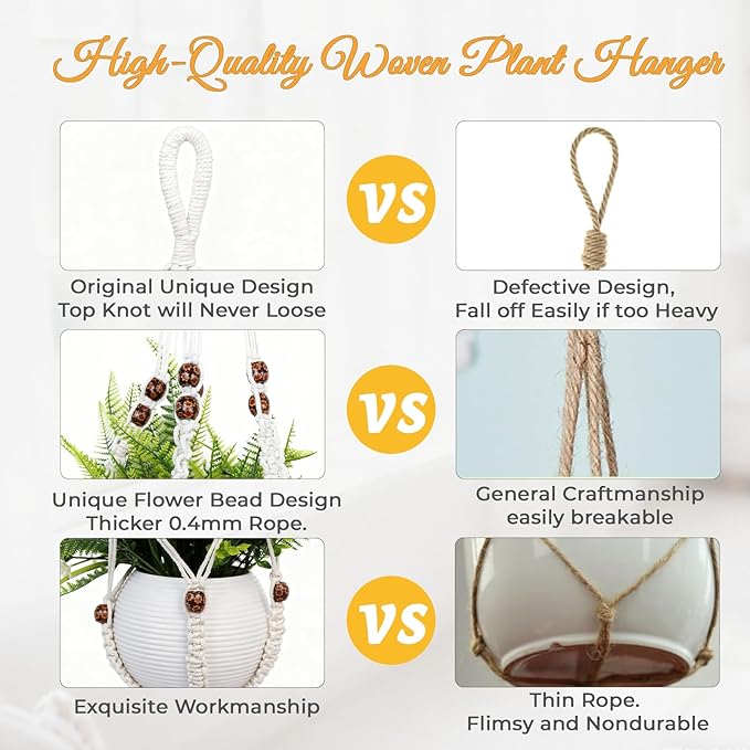 35 Inch Macrame Plant Hanger, Large for up to 15 Inch Pot Extra Long Hanging Planter Holder Basket with Wood Beads for Indoor Outdoor Home Decor (Ivory, 1-Pack)