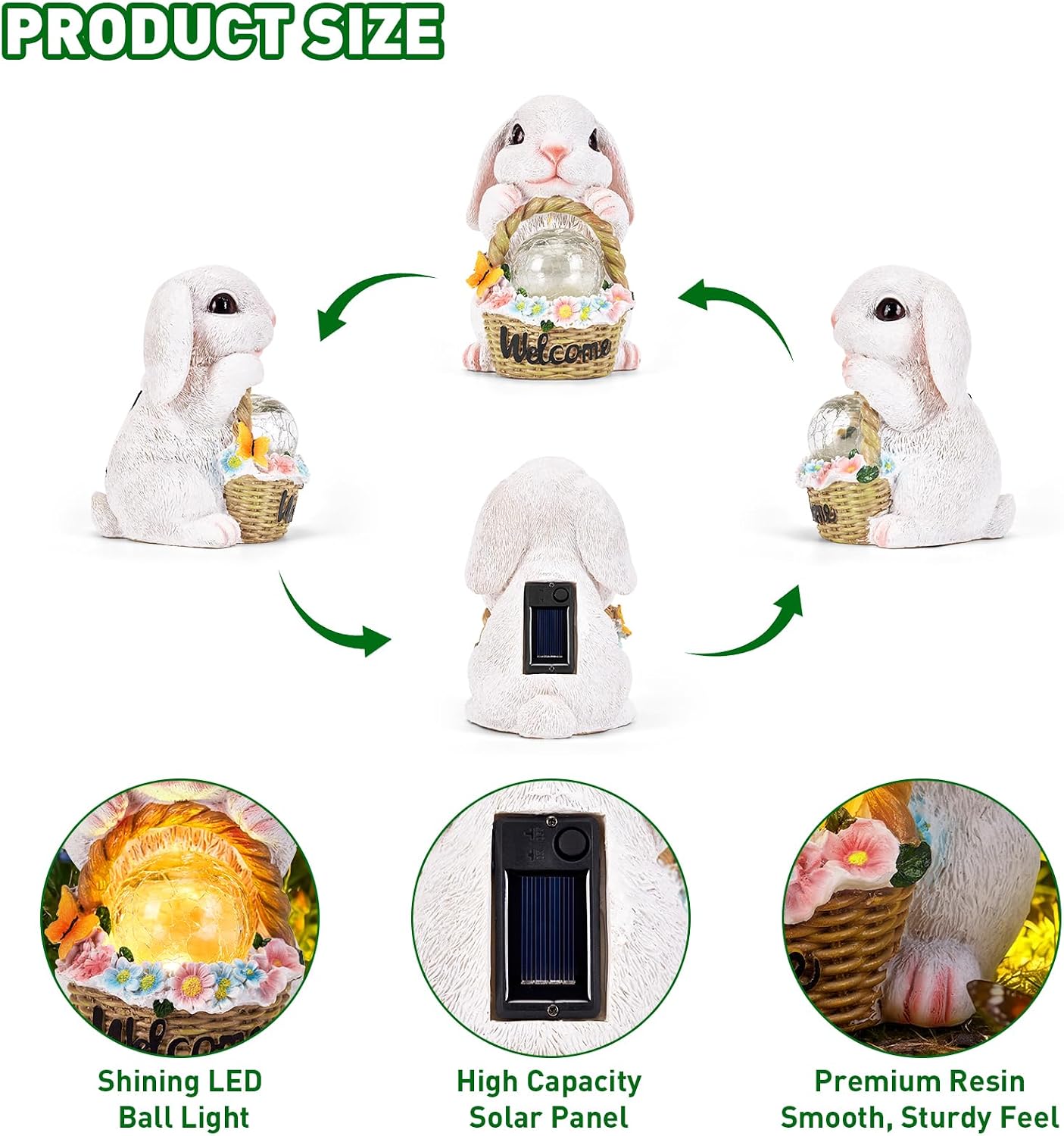 Solar Rabbit Garden Decor Statue, Rabbit Figurines with LED Light, Hand-Painted Resin,IP65 Waterproof for Patio, Lawn & Yard Decorations, Unique Mothers Day Gifts for Mom Women