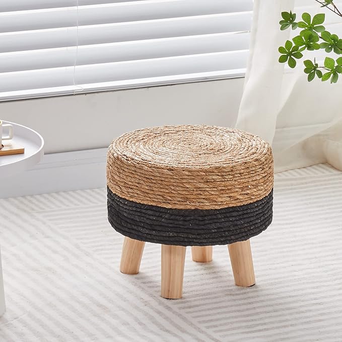 Cpintltr Ottoman Natural Seagrass Footrest Poufs Hand Weave Round Foot Stool for Couch Desk Soft Step Stool Padded Foot Rest with Pine Legs for Living Room Bedroom Natural/Black