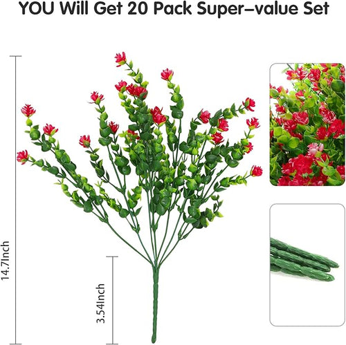 20 Bundles Artificial Flowers Outdoor Fake Flowers, UV Resistant No Fade Faux Plastic Greenery Shrubs Plants for Hanging Garden Porch Window Box Outside Decoration,Home Indoor Decor Red