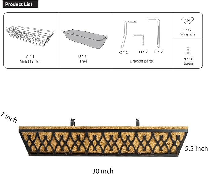 6 Pack 30 Inch Window Boxes Planters Railing Planter Box with Adjustable Brackets for Porch Fence Patio Balcony Hanging Flower Baskets with Coco Liners for Outdoor Garden Decor - Bronze