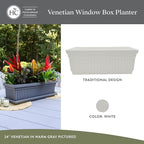 The HC Companies 30 Inch Venetian Window Planter Box with Drainage Plug, Lightweight UV-Resistant Plastic Indoor & Outdoor Planters, 2-Pack Flower Box for Garden & Home Decor, White