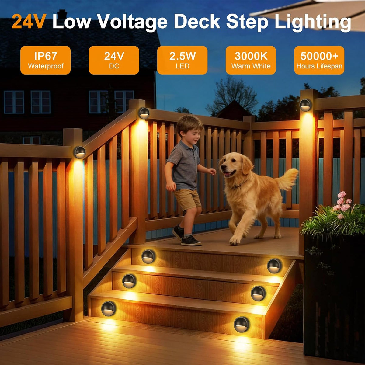low voltage led deck lights kit with plug-in shown in use