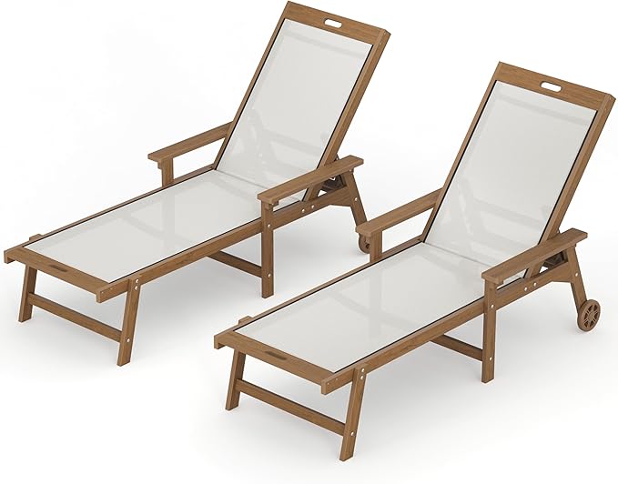 LUE BONA Chaise Lounge Chair Outdoor Set of 4, HDPS and HDPE Wicker Chaise Lounger with 5 Positions, Pool Lounge Chairs with Wheels and Adjustable Backrest for Patio, Poolside, Deck, Backyard