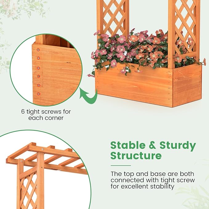 Giantex Set of 2 Raised Garden Bed with 2-Sided Trellis & Hanging Roof, Fir Wood Planter Box w/Drainage Holes, Bottom Gaps, Freestanding Garden Planter for Flowers Herbs Climbing Vines (31"x12.5"x60")