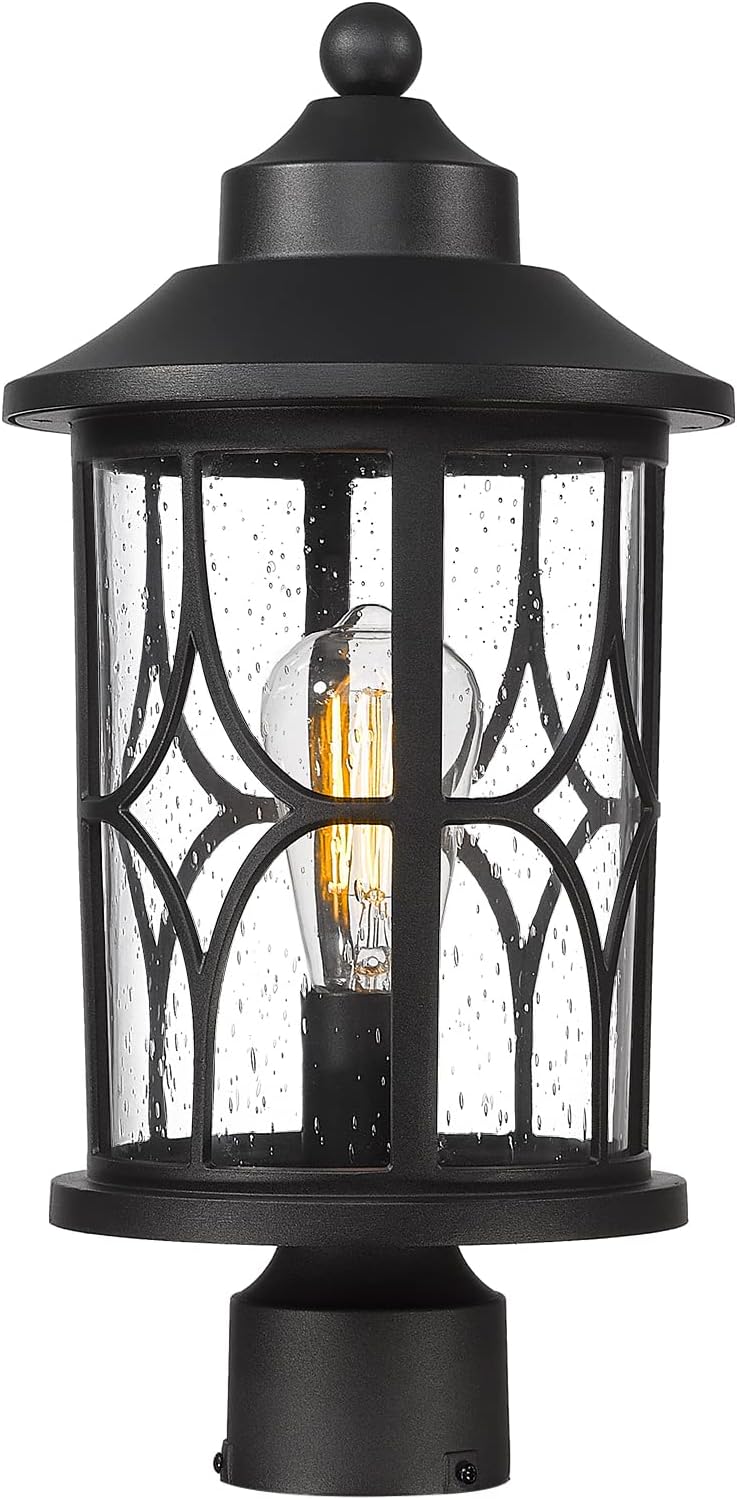 zeyu Farmhouse Exterior Post Light Fixture, 17 Inch Modern Outdoor Pole Light for House Patio Yard, Die-Cast Aluminum with Seeded Glass Shade, Black Finish, ZX48MP BK