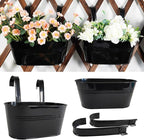 2 Pack Metal Hanging Planter for Outdoor Plants, 10 Inch Black Fence Planters Railing Pots for Garden Patio Balcony Decor, Flower Bucket with Detachable Hooks (Black, 2Pcs)