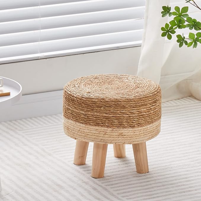 Cpintltr Foot Stool Natural Seagrass Hand Weave Poufs Round Ottoman for Couch Desk Soft Step Stool Padded Foot Rest with Non-Skid Pine Legs for Hallway Office Lounge Natural/White