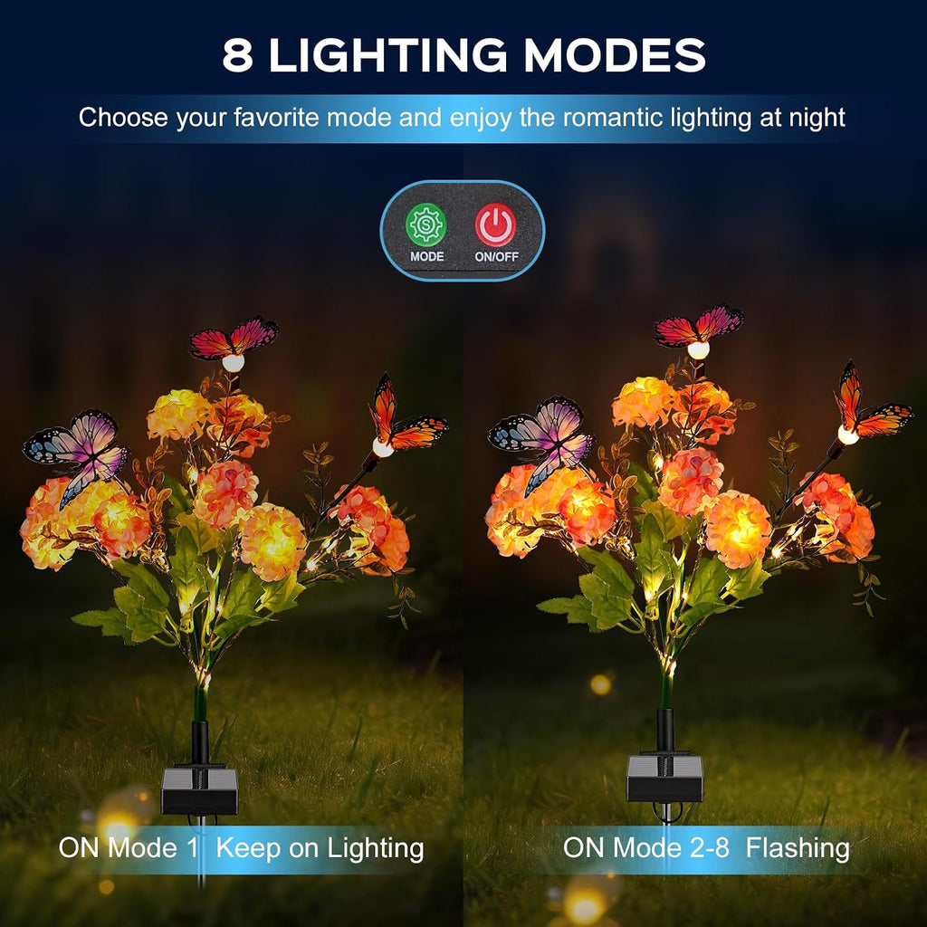 2 Pack Solar Garden Lights Outdoor, 8 Lighting Modes Warm White LED Powered Swaying Butterfly, Waterproof Hydrangea Flowers Landscape Light for Outside Yard, Patio, Pathway Decorative, Décor, Gifts