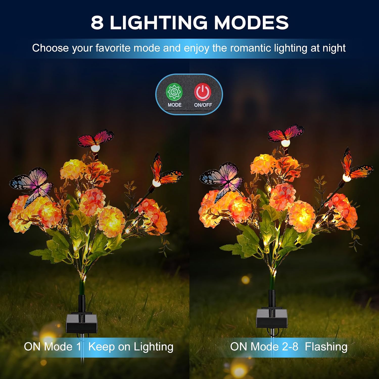 2 Pack Solar Garden Lights Outdoor, 8 Lighting Modes Warm White LED Powered Swaying Butterfly, Waterproof Hydrangea Flowers Landscape Light for Outside Yard, Patio, Pathway Decorative, Décor, Gifts