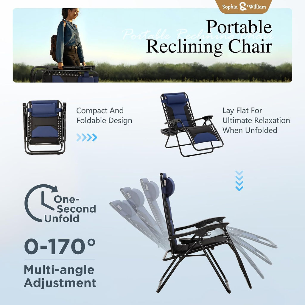 Padded Outdoor Zero Gravity Chair Set of 2, Cup Holder, 28in Seat, Blue | Foldable Outdoor Lounger, Detachable Cup Holder, 28in Seat, 400 LBS Weight Capacity, Equipped with Armrest