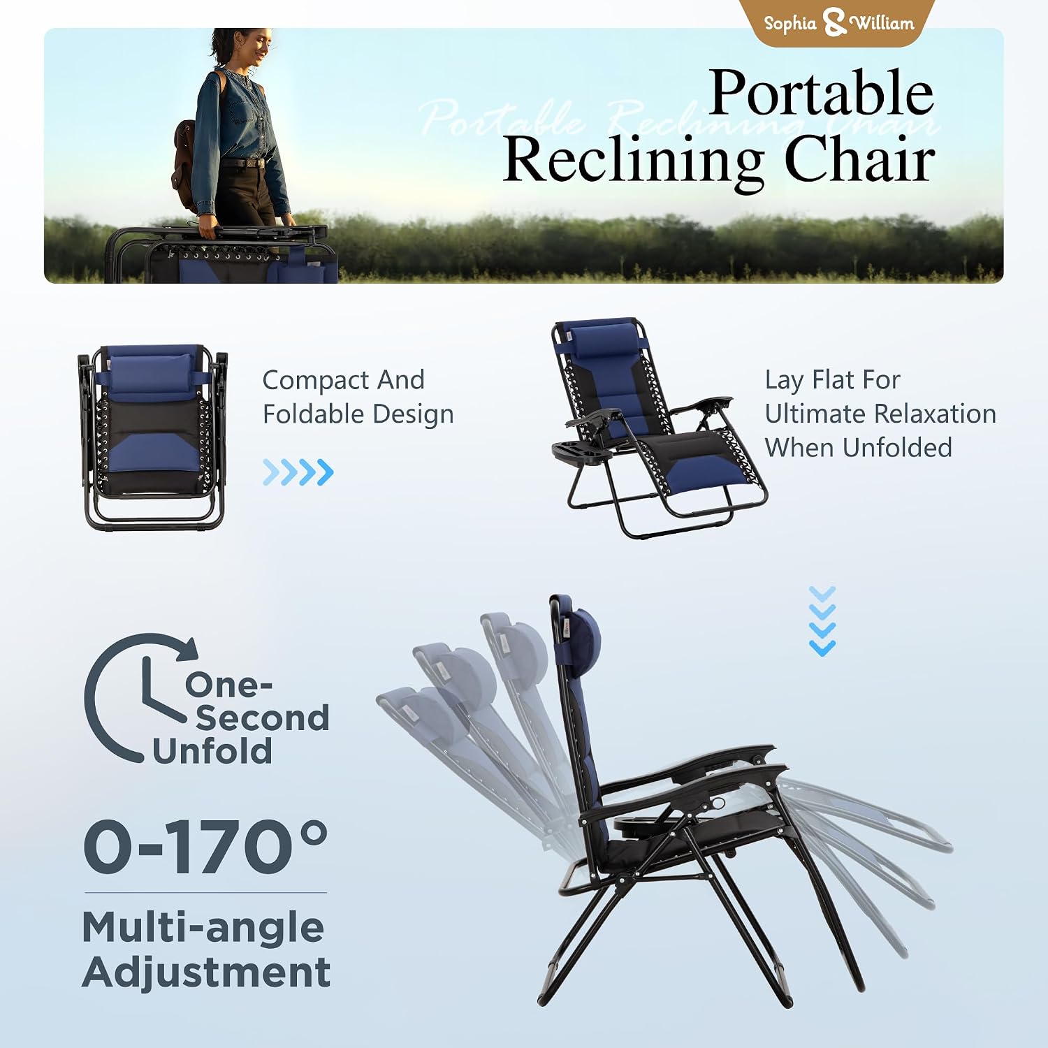 Padded Outdoor Zero Gravity Chair Set of 2, Cup Holder, 28in Seat, Blue | Foldable Outdoor Lounger, Detachable Cup Holder, 28in Seat, 400 LBS Weight Capacity, Equipped with Armrest