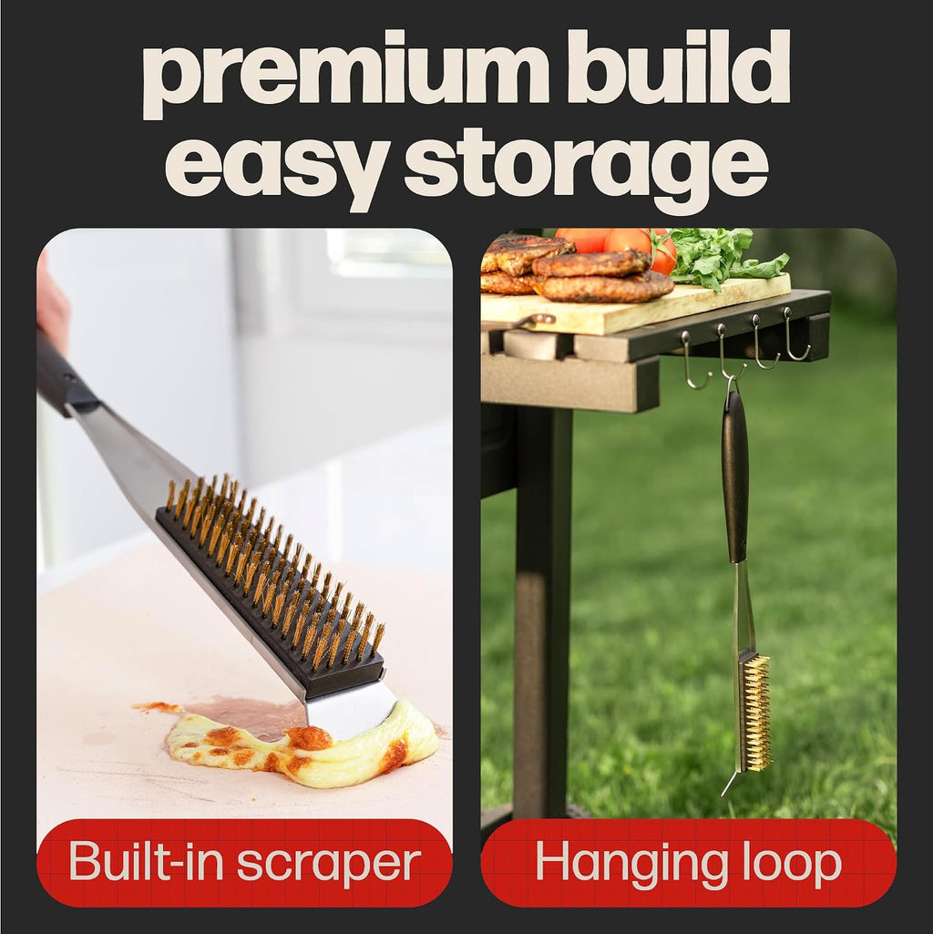 Hans Grill 2-in-1 Pizza Oven Brush & Scraper | Dual-Purpose Pizza Stone Brush Scraper with Stainless Steel Head | Outdoor Oven Cleaning Accessories, Stone Cleaner, Essential Cooking Tools. | Dual Purpose Pizza Stone Cleaning Brush and Scraper, Brass