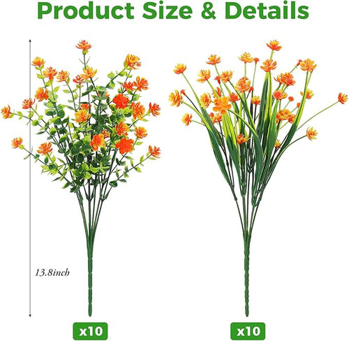 20 Bundles Artificial Flowers for Outdoors Fake Plastic Flowers UV Resistant Realistic Faux Plants Shrubs for Spring Summer Garden Porch Yard Patio Planter Window Box Home Decor, Orange