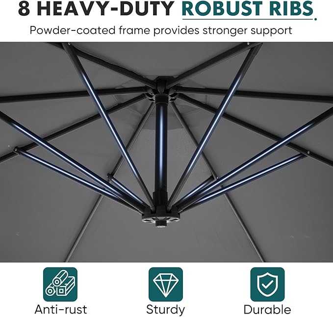 OLIXIS Offset Patio Umbrella, 9.7FT Cantilever Table Umbrellas for Outdoor Sun Shade UV Protection with Easy Tilt Adjustment, 8 Ribs for Backyard, Lawn, Garden, Pool - Grey