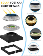 Solar Post Cap Lights for 4x4 & 3.5x3.5 Posts, IP55 Waterproof Deck Lights Solar Powered, 3 Color Modes Fence Caps for Wood Vinyl Mailbox Railing Patio