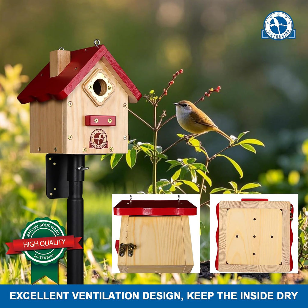SISTERBIRD Wren Bird House, Premium Wooden Bird Houses for Outside, Classic Cabin Design Birdhouses for Outdoors, Hanging Bird House, Red-Breasted Nuthatch Wren Chickadee