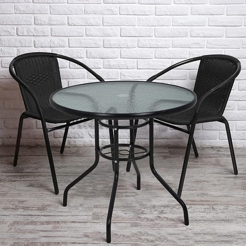 32in Outdoor Table Patio Dining Table Outdoor Dining Table with Umbrella Hole Round Tempered Glass for Yard Bistro Lawn Balcony